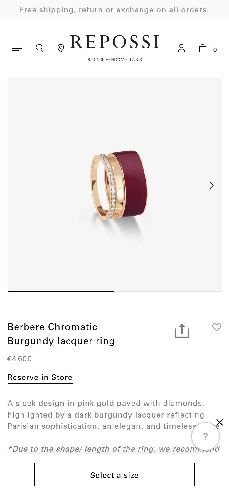 Repossi product page on mobile, Shopify luxury jewelry storefront captured at 390 x 844