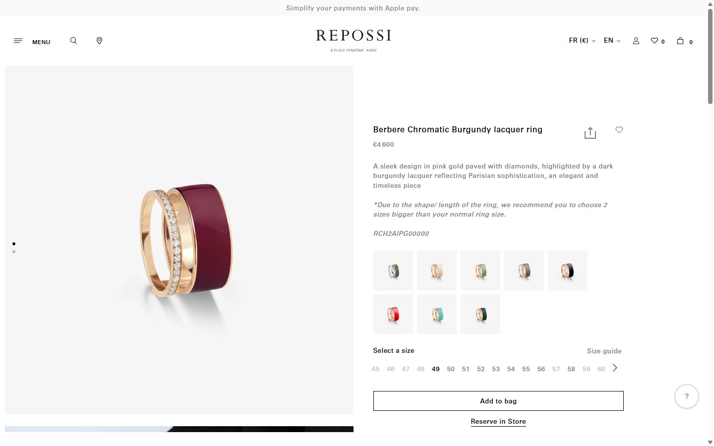 Repossi product page on desktop, Shopify luxury jewelry storefront captured at 1440 x 900