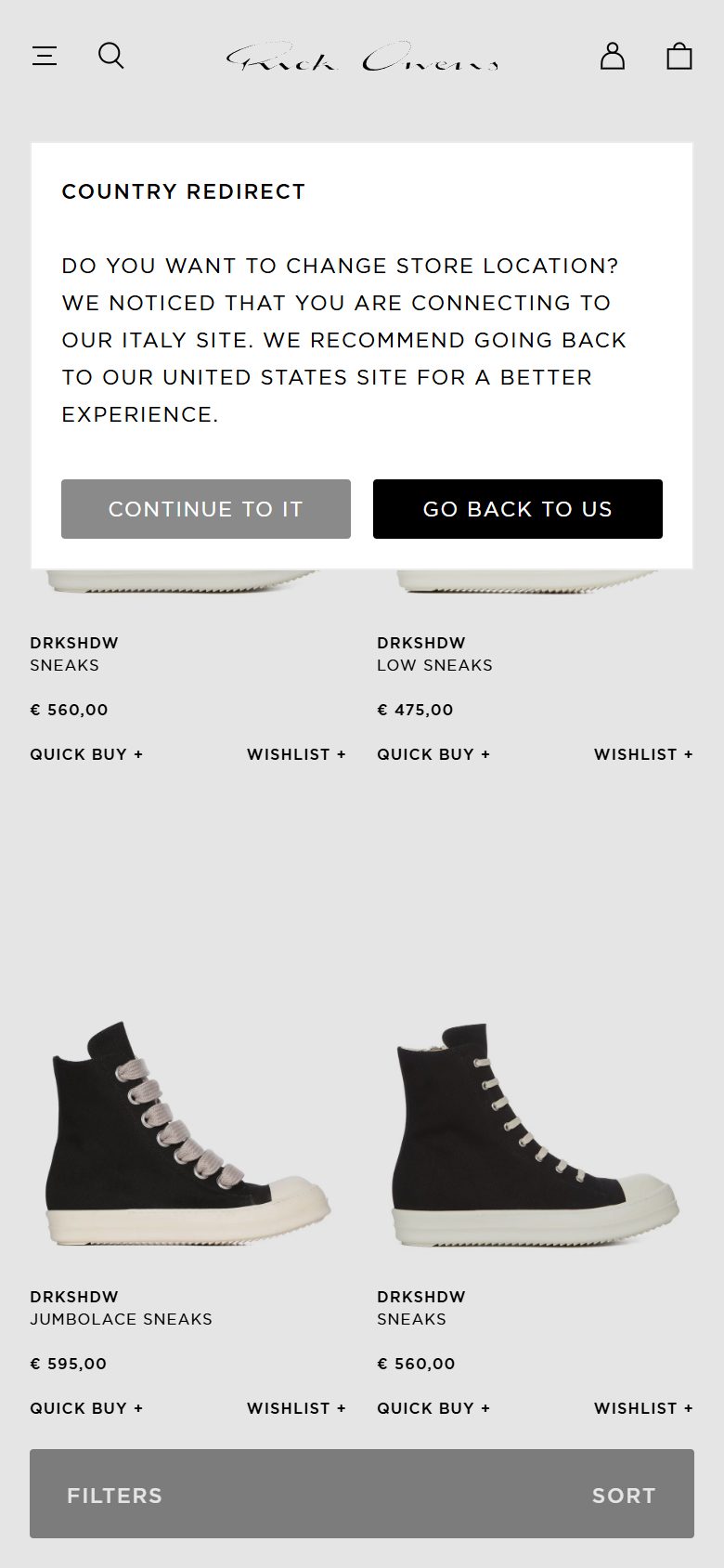 Rick Owens collection: all products on mobile, not disclosed luxury fashion storefront captured at 390 x 844