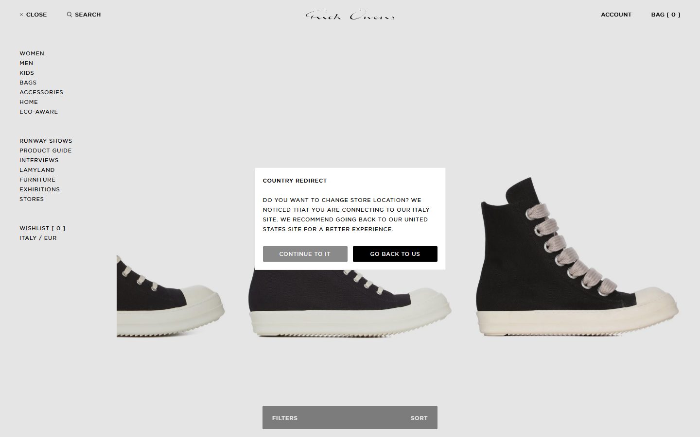 Rick Owens collection: all products on desktop, not disclosed luxury fashion storefront captured at 1440 x 900