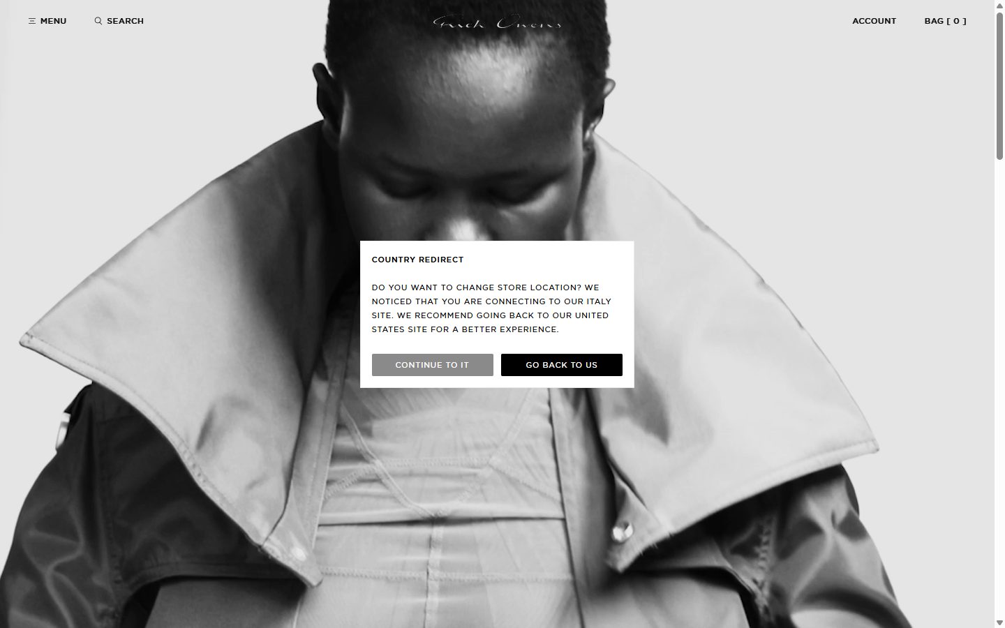 Rick Owens homepage on desktop, not disclosed luxury fashion storefront captured at 1440 x 900