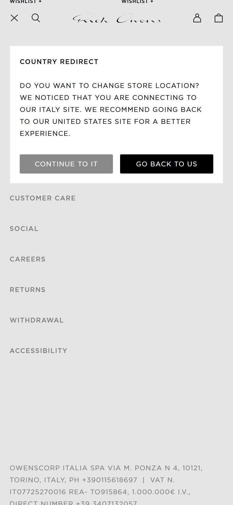 Rick Owens product page on mobile, not disclosed luxury fashion storefront captured at 390 x 844