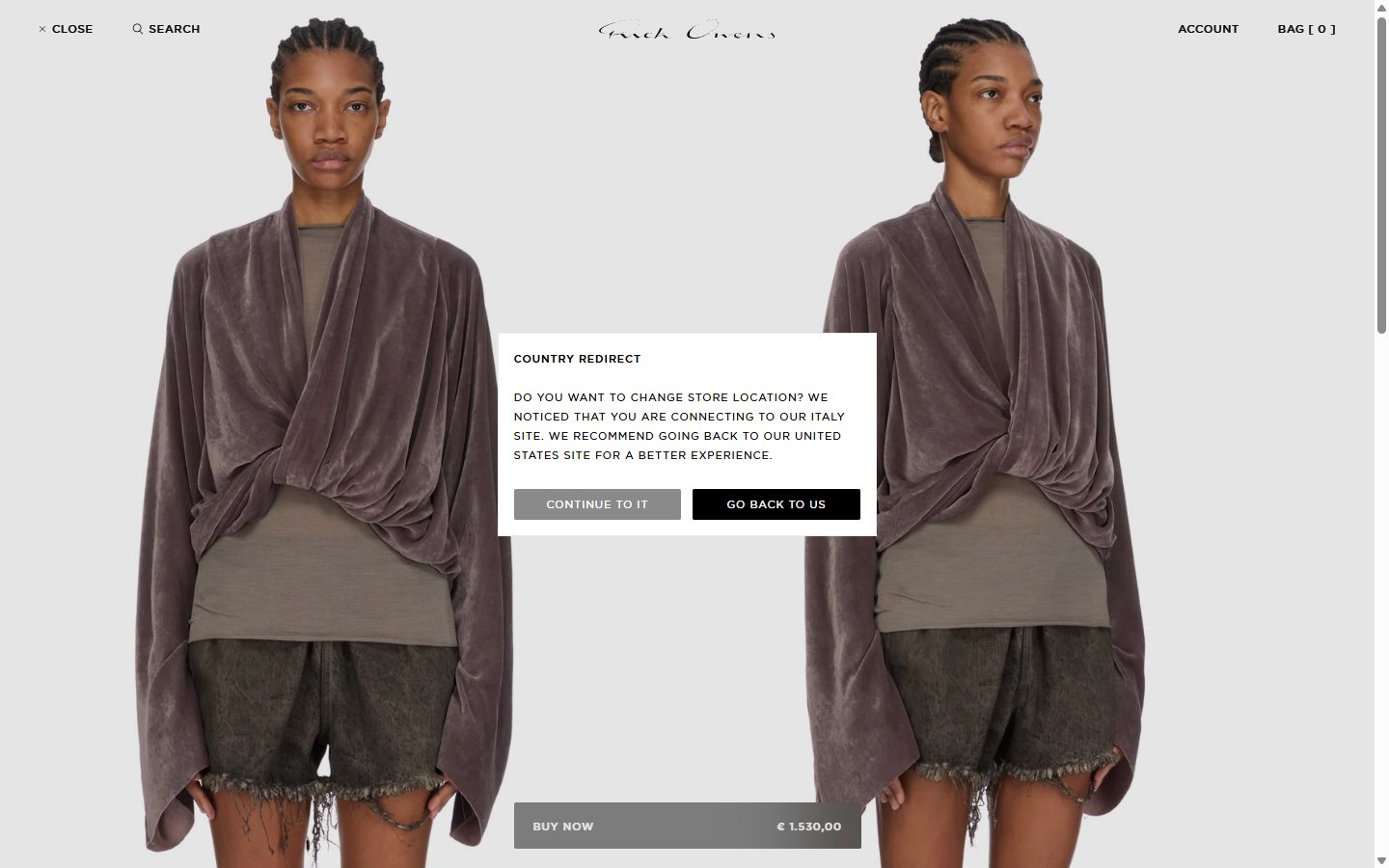 Rick Owens product page on desktop, not disclosed luxury fashion storefront captured at 1440 x 900