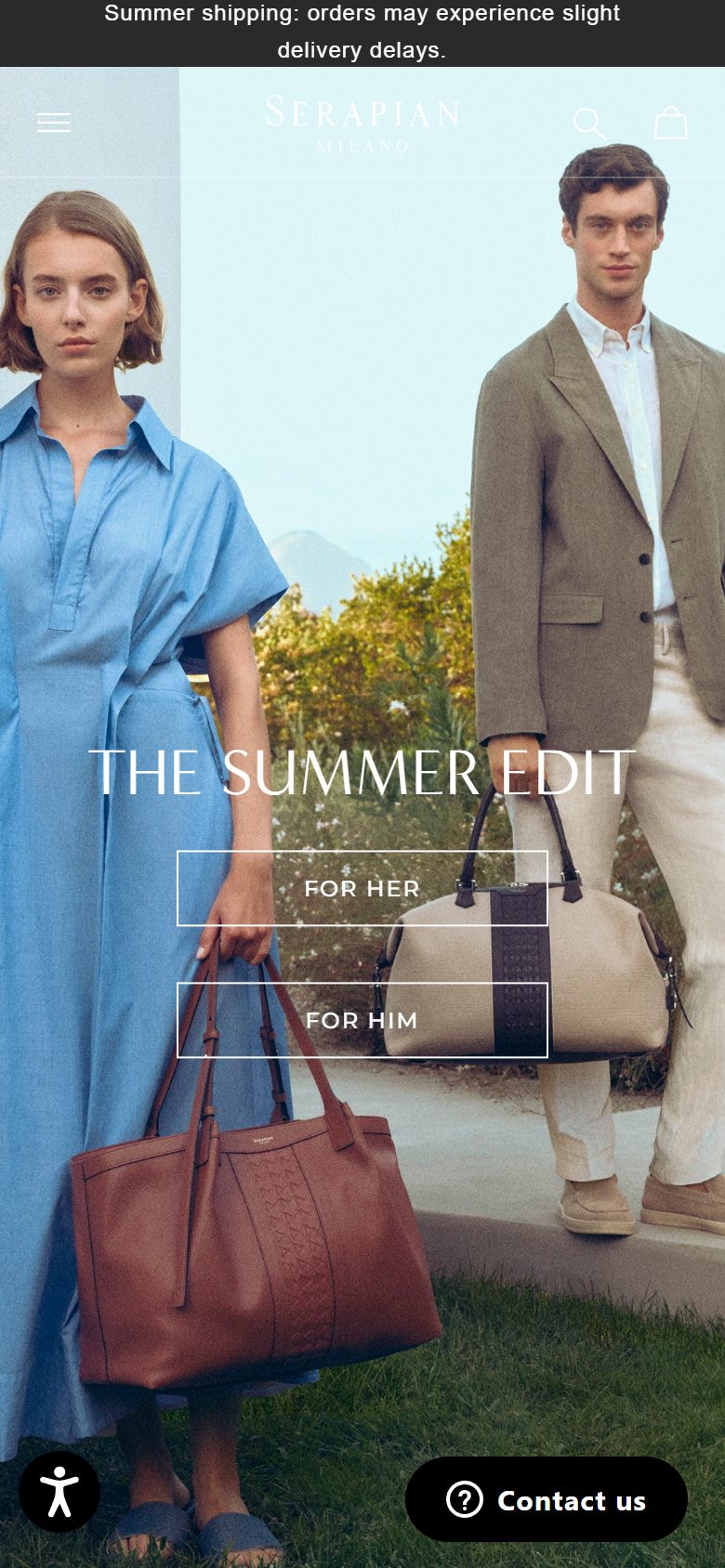 Serapian homepage on mobile, not disclosed luxury leather goods storefront captured at 390 x 844