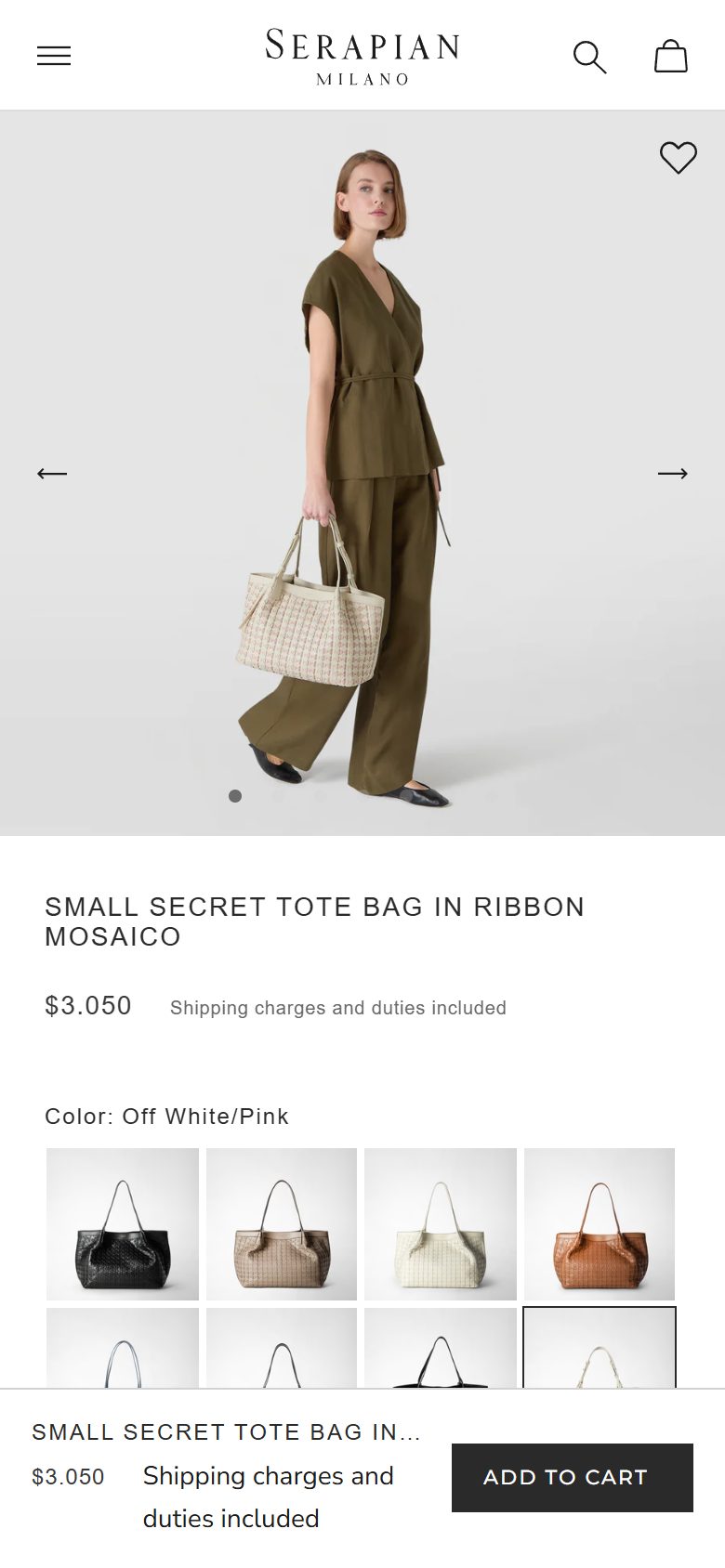 Serapian product page on mobile, not disclosed luxury leather goods storefront captured at 390 x 844