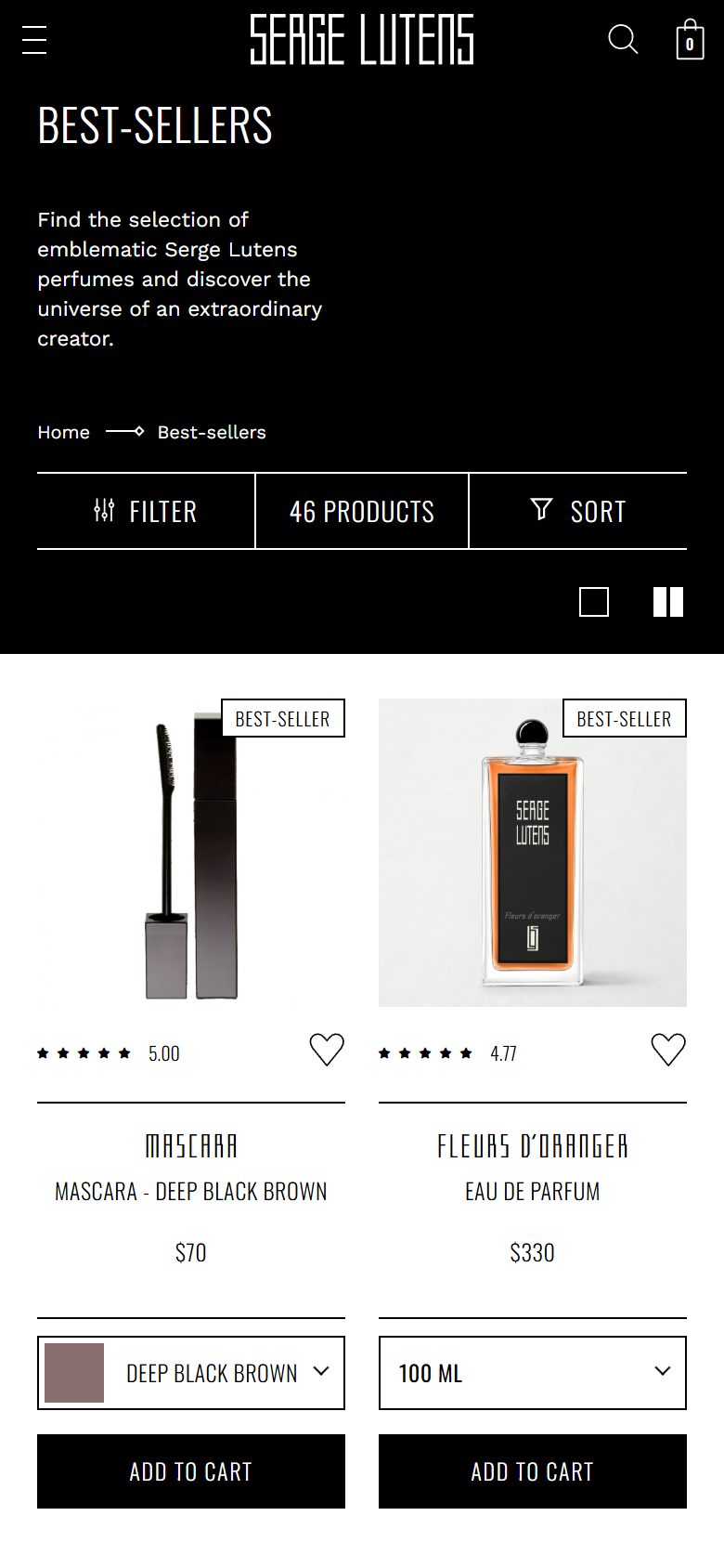 Serge Lutens collection: all best-sellers on mobile, Shopify luxury beauty storefront captured at 390 x 844