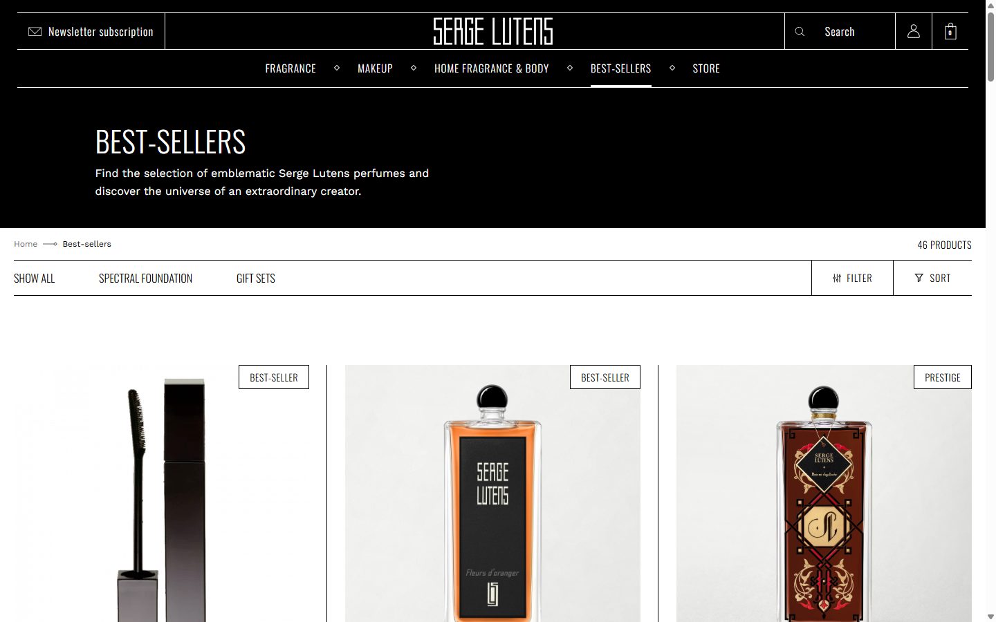 Serge Lutens collection: all best-sellers on desktop, Shopify luxury beauty storefront captured at 1440 x 900