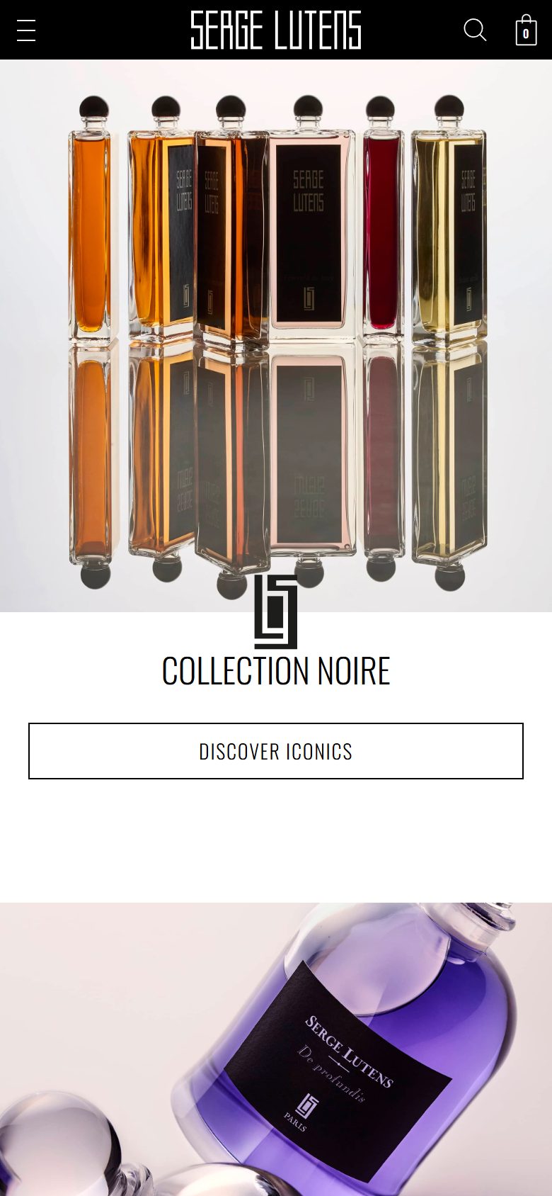Serge Lutens homepage on mobile, Shopify luxury beauty storefront captured at 390 x 844
