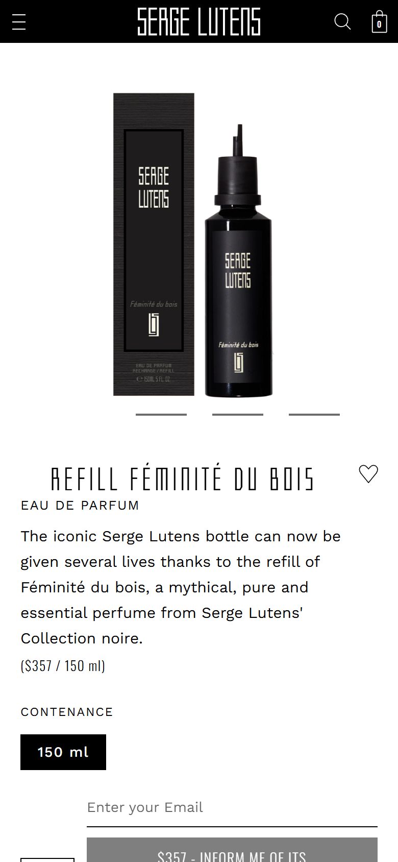 Serge Lutens product page on mobile, Shopify luxury beauty storefront captured at 390 x 844
