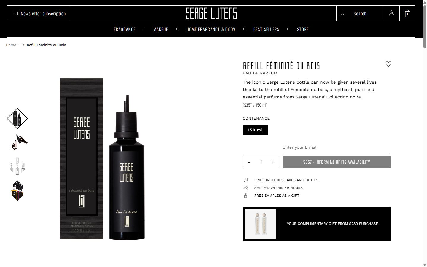 Serge Lutens product page on desktop, Shopify luxury beauty storefront captured at 1440 x 900
