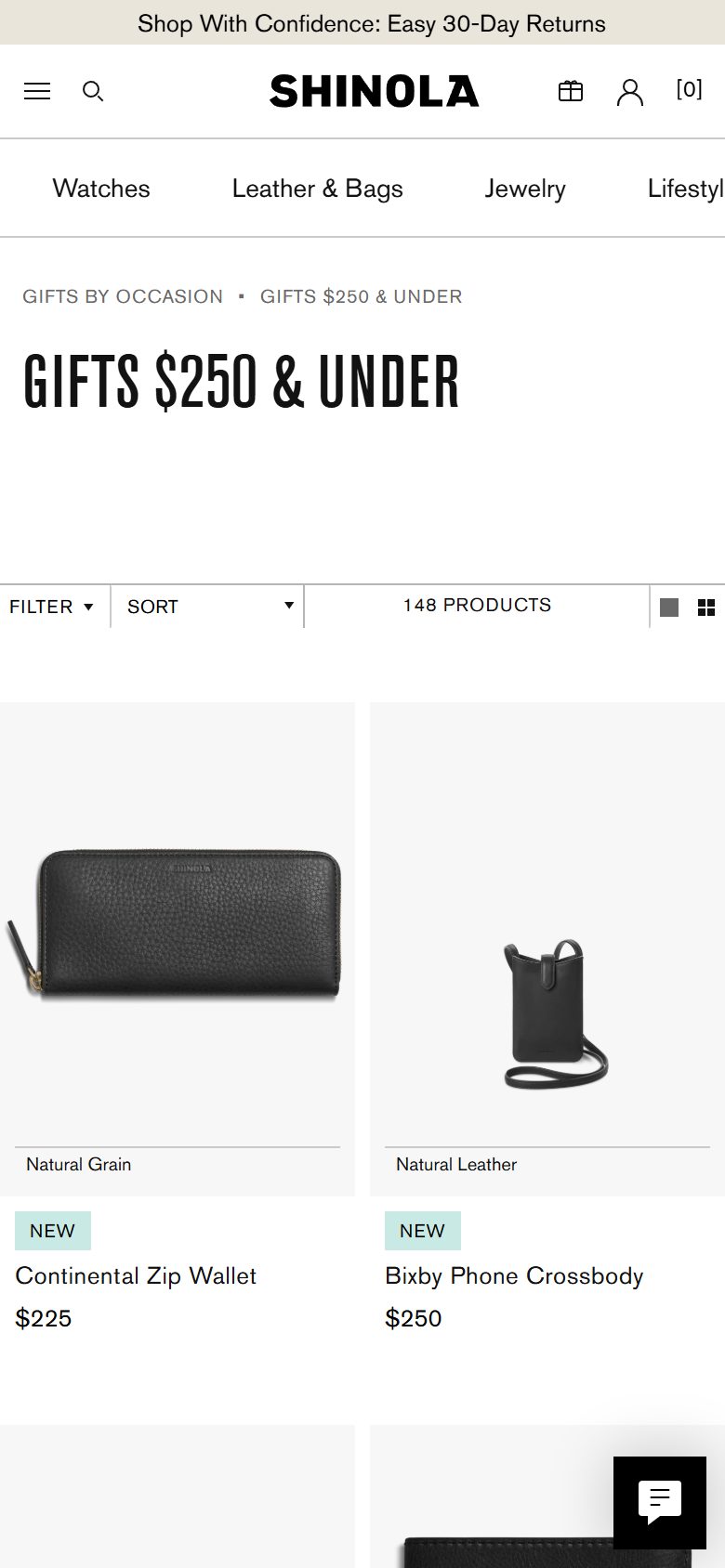 Shinola collection: $250 & under on mobile, Shopify luxury leather goods storefront captured at 390 x 844