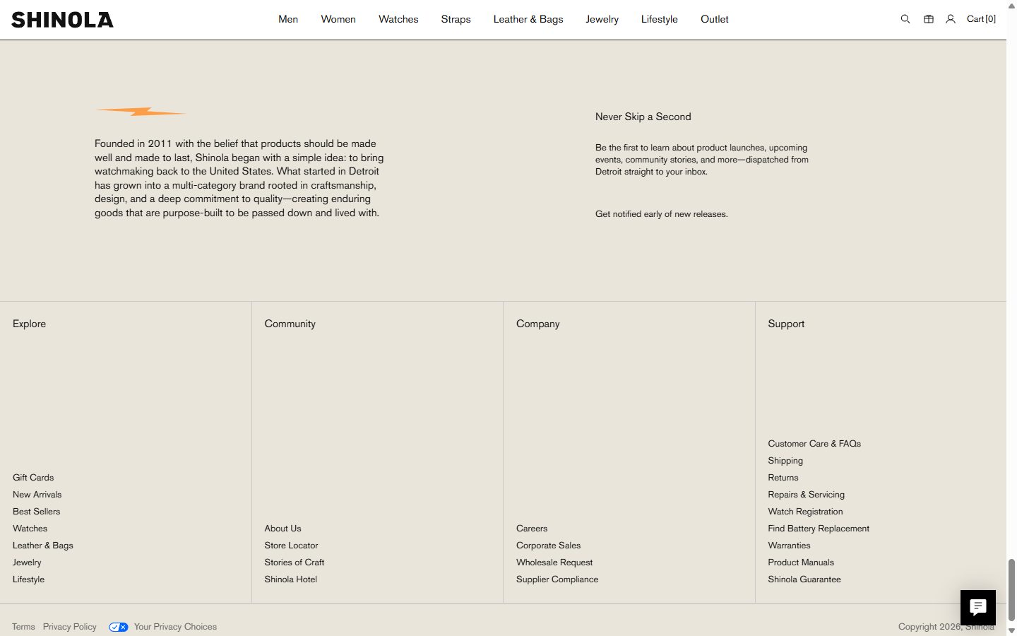 Shinola homepage on desktop, Shopify luxury leather goods storefront captured at 1440 x 900