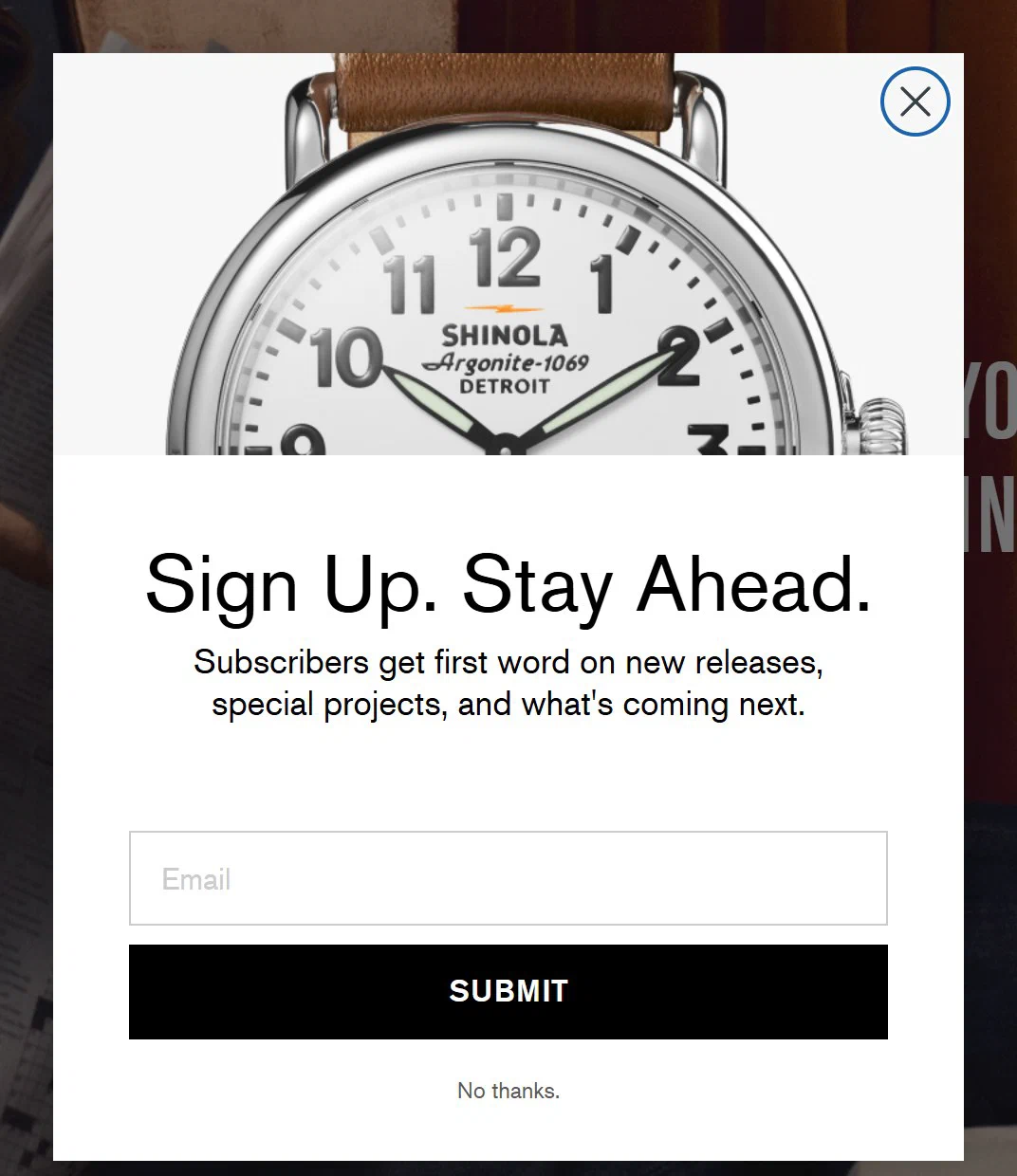 Shinola email sign up popup, centred centre
