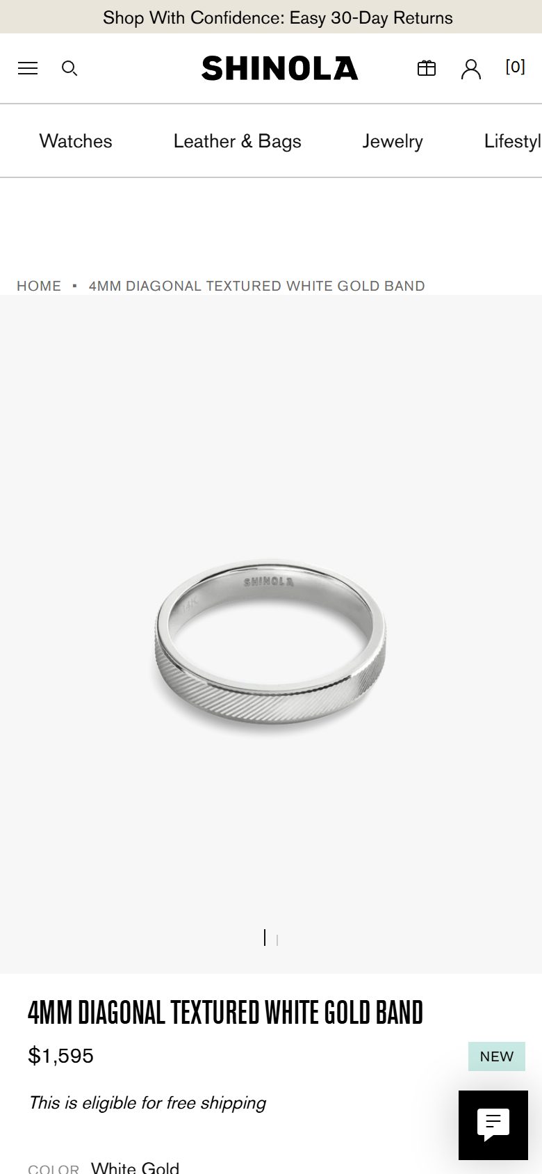 Shinola product page on mobile, Shopify luxury leather goods storefront captured at 390 x 844