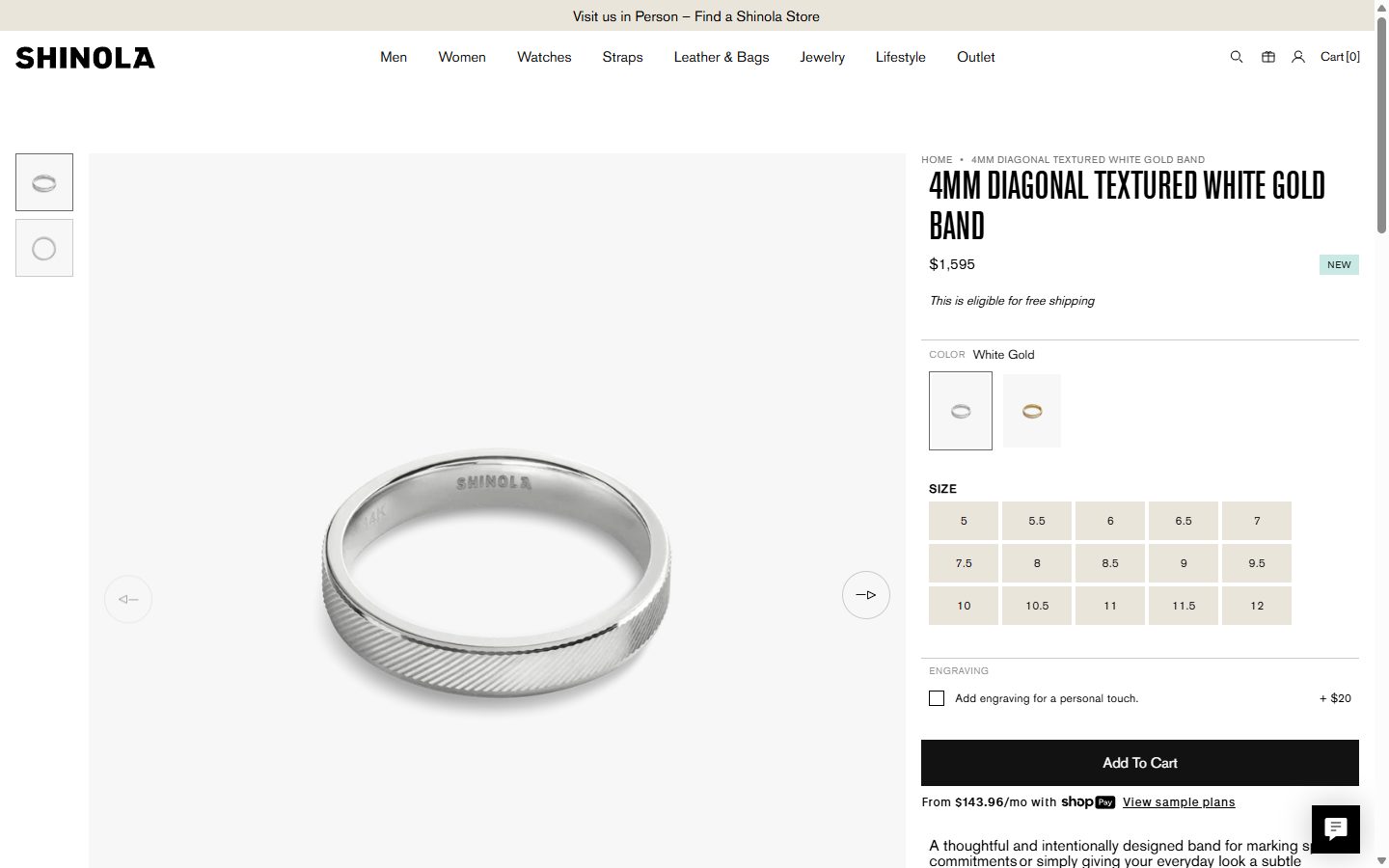 Shinola product page on desktop, Shopify luxury leather goods storefront captured at 1440 x 900