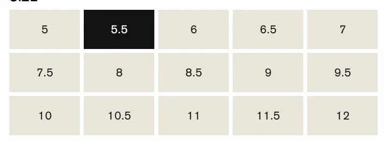 Shinola size selector photographed on its product page, 15 values as a radio list with text labels