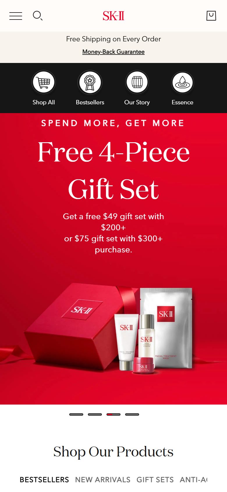 SK-II homepage on mobile, Shopify luxury beauty storefront captured at 390 x 844