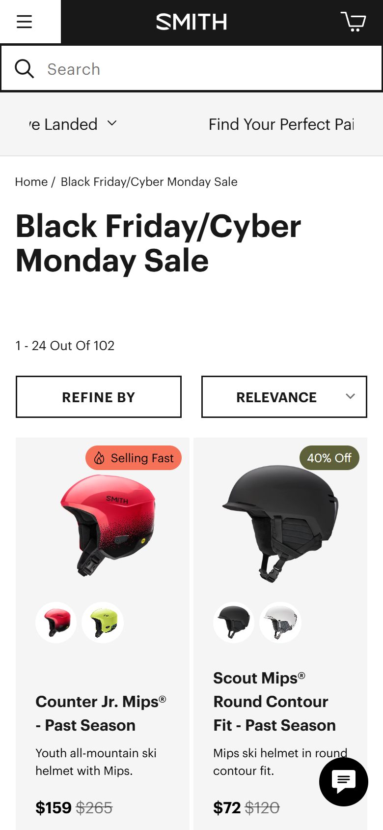 Smith Optics collection: black friday/cyber monday sale on mobile, Shopify luxury eyewear storefront captured at 390 x 844