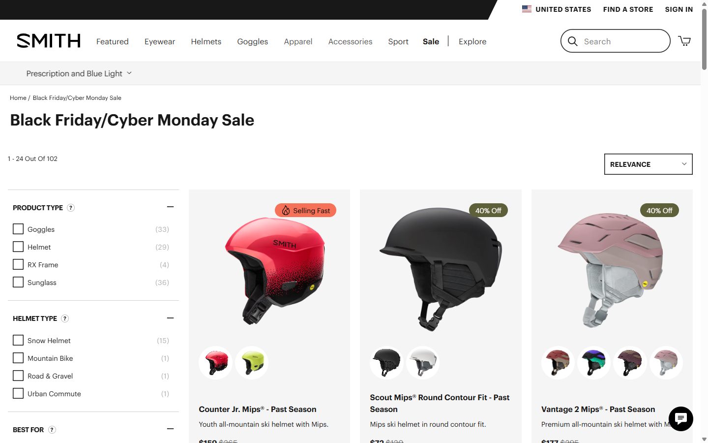 Smith Optics collection: black friday/cyber monday sale on desktop, Shopify luxury eyewear storefront captured at 1440 x 900