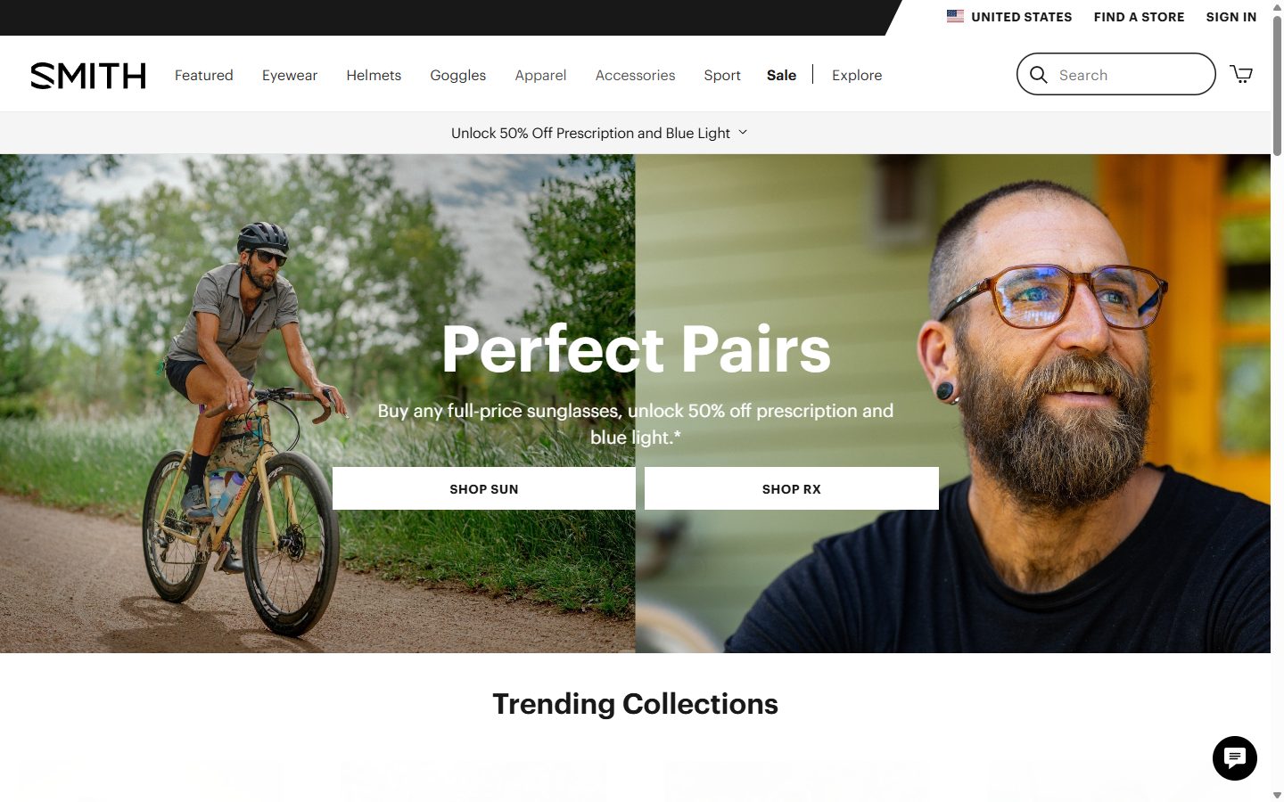 Smith Optics homepage on desktop, Shopify luxury eyewear storefront captured at 1440 x 900