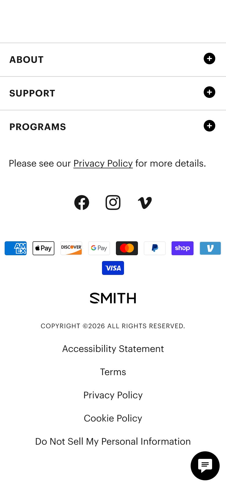 Smith Optics product page on mobile, Shopify luxury eyewear storefront captured at 390 x 844