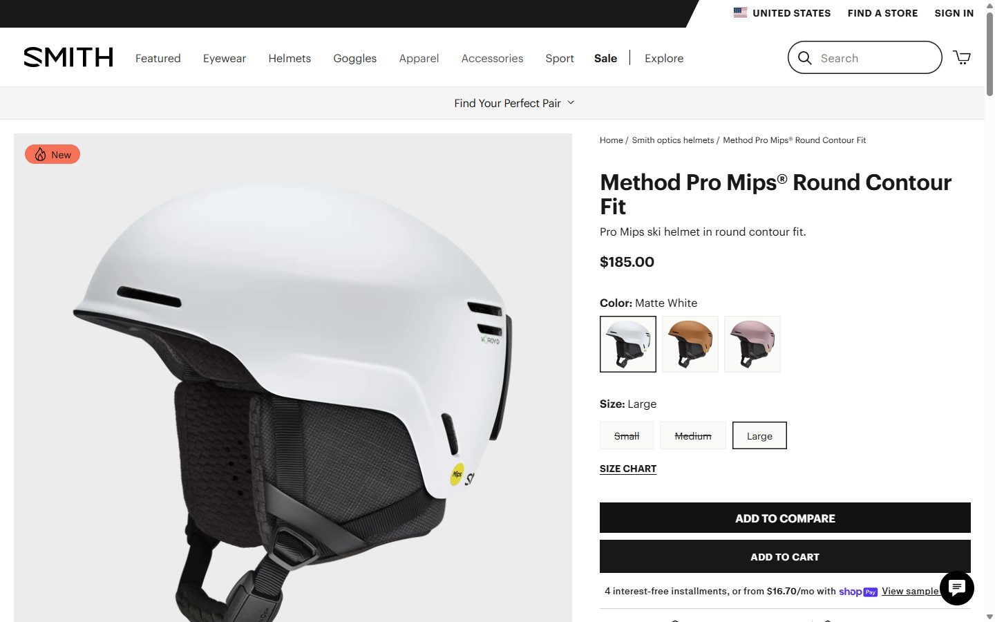Smith Optics product page on desktop, Shopify luxury eyewear storefront captured at 1440 x 900