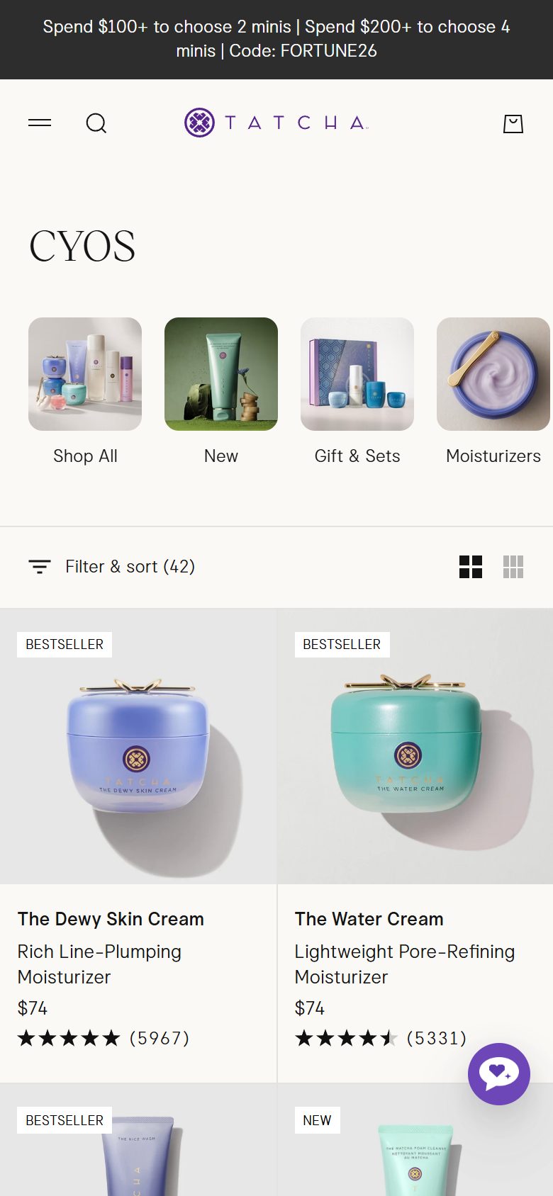 Tatcha collection: cyos on mobile, Shopify luxury beauty storefront captured at 390 x 844