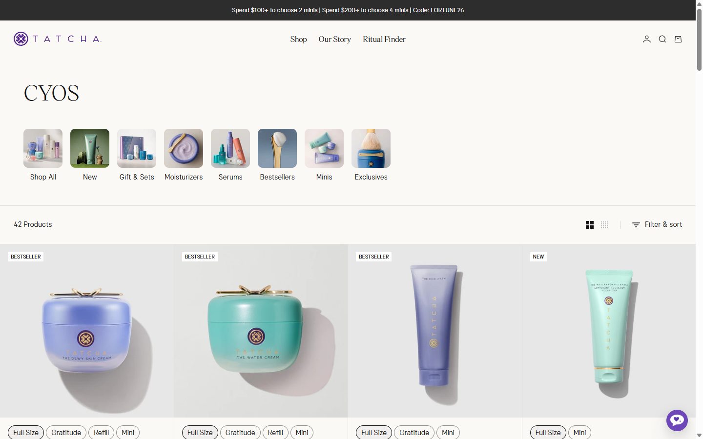 Tatcha collection: cyos on desktop, Shopify luxury beauty storefront captured at 1440 x 900