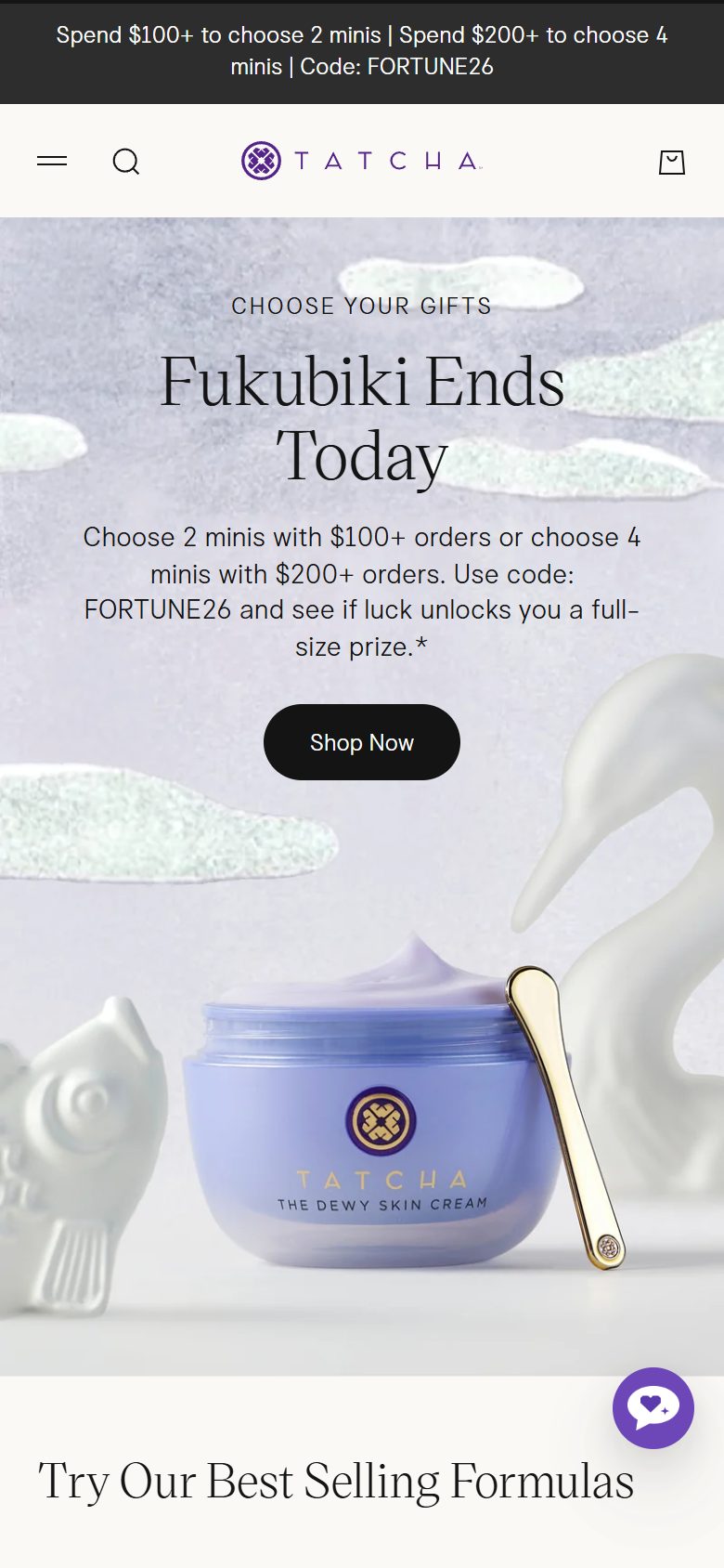 Tatcha homepage on mobile, Shopify luxury beauty storefront captured at 390 x 844