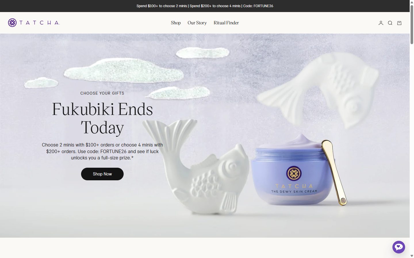Tatcha homepage on desktop, Shopify luxury beauty storefront captured at 1440 x 900