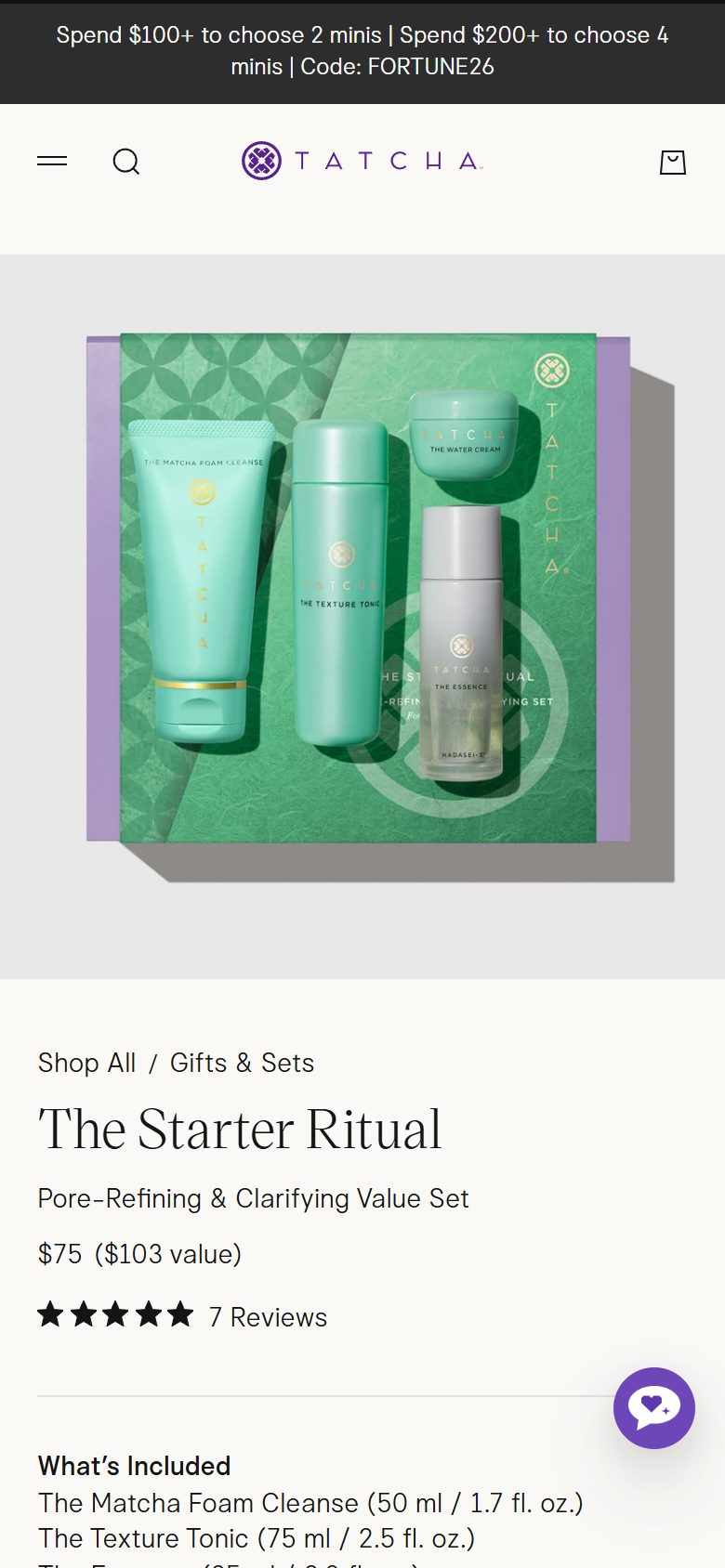 Tatcha product page on mobile, Shopify luxury beauty storefront captured at 390 x 844