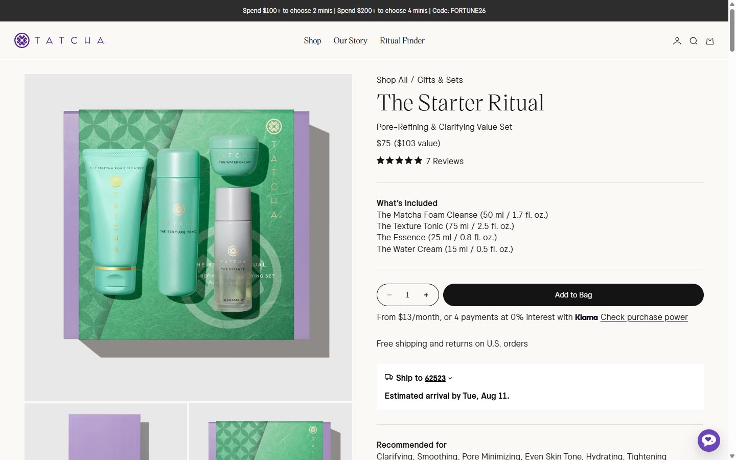 Tatcha product page on desktop, Shopify luxury beauty storefront captured at 1440 x 900