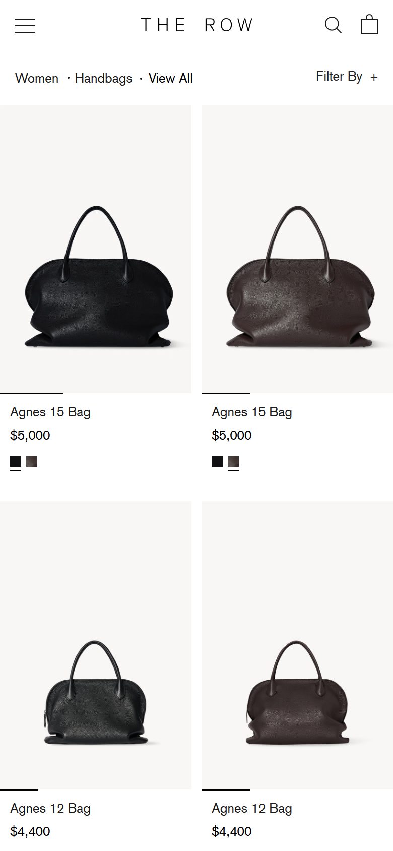 The Row collection: bags - view all on mobile, not disclosed luxury fashion storefront captured at 390 x 844