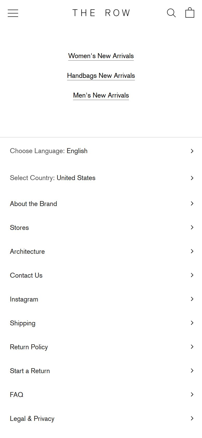 The Row product page on mobile, not disclosed luxury fashion storefront captured at 390 x 844