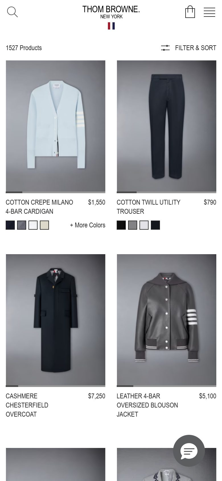 Thom Browne collection: all products on mobile, not disclosed luxury fashion storefront captured at 390 x 844