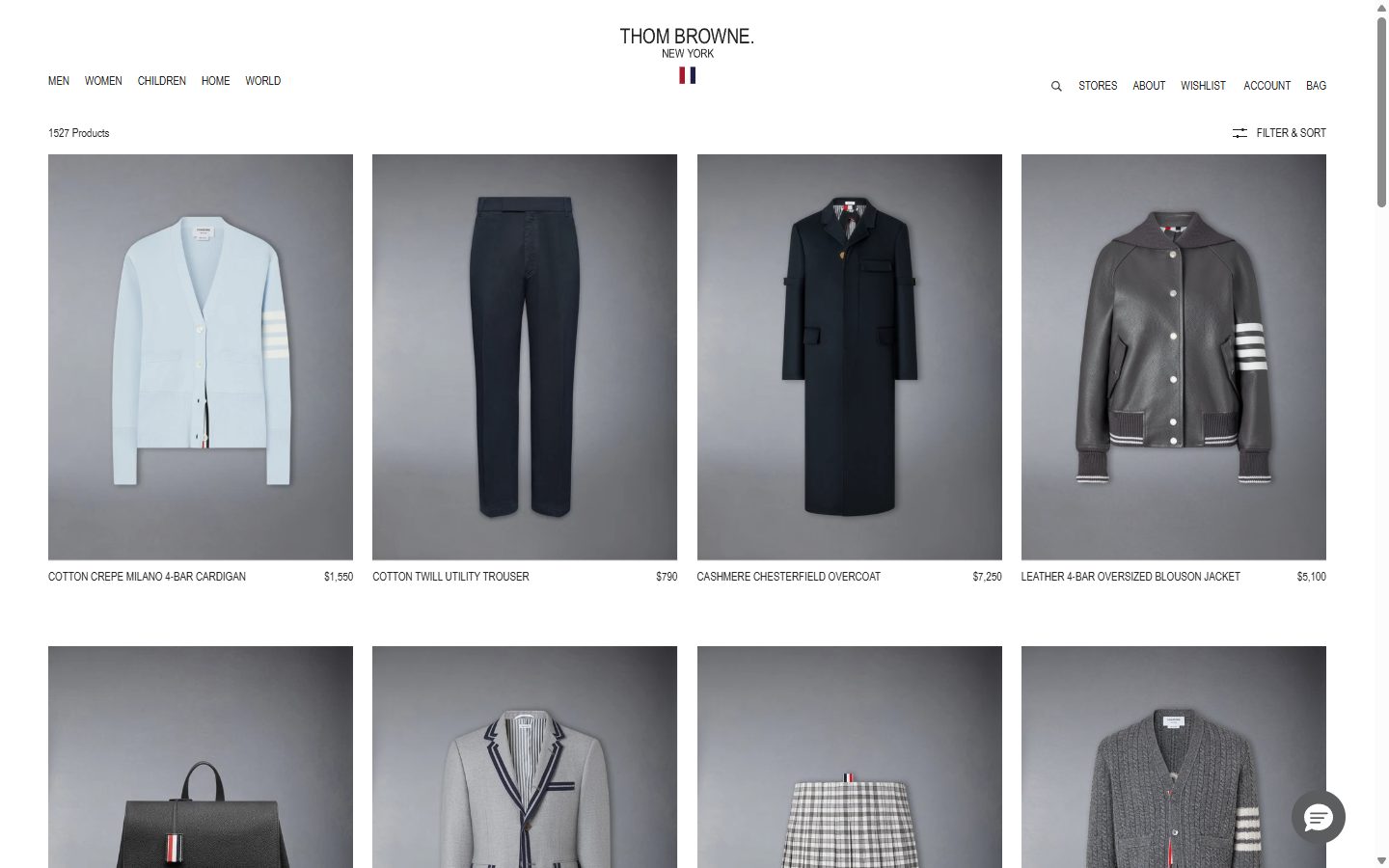 Thom Browne collection: all products on desktop, not disclosed luxury fashion storefront captured at 1440 x 900