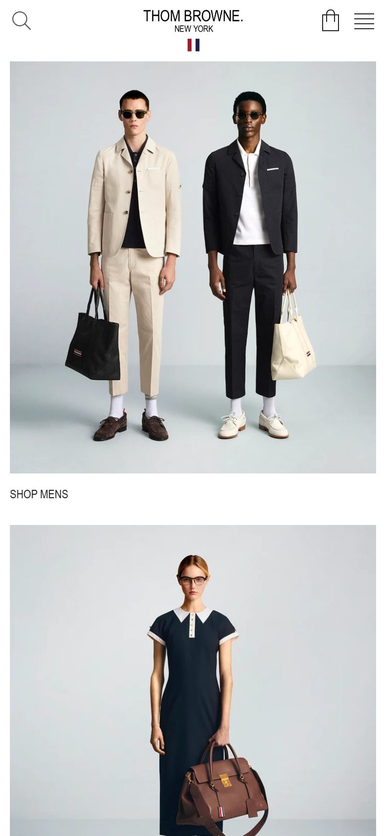 Thom Browne homepage on mobile, not disclosed luxury fashion storefront captured at 390 x 844