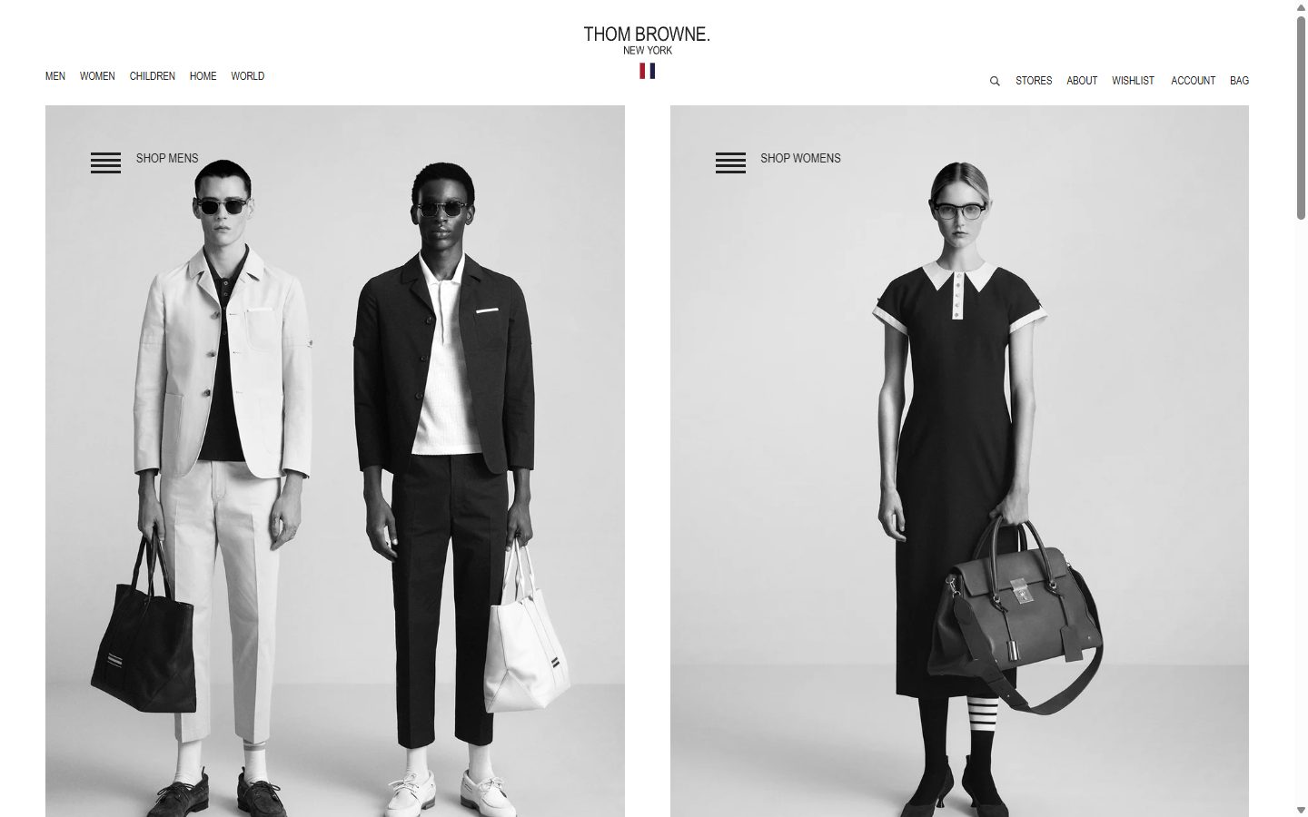 Thom Browne homepage on desktop, not disclosed luxury fashion storefront captured at 1440 x 900