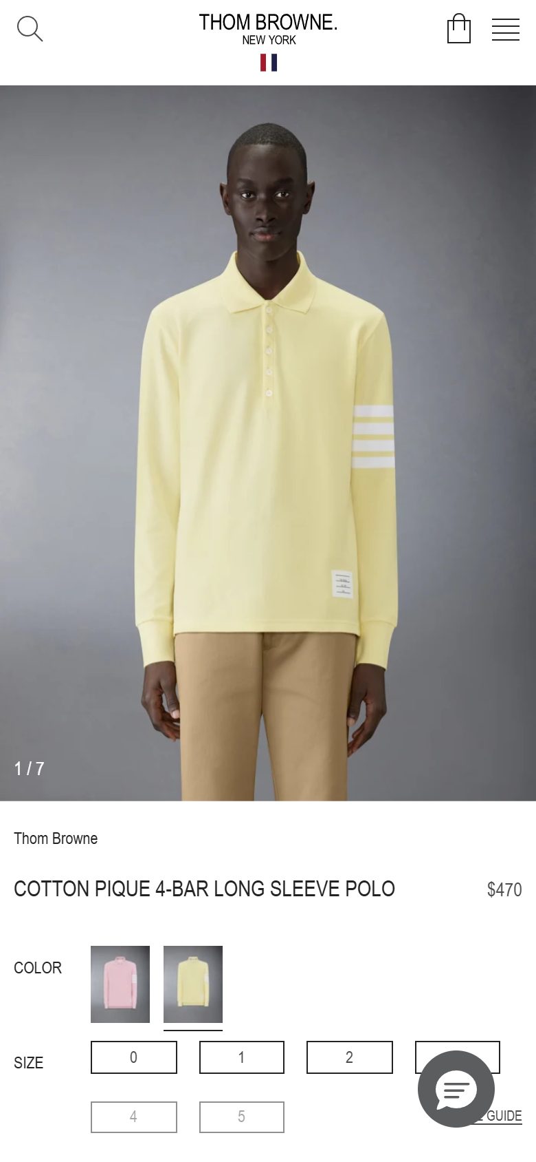 Thom Browne product page on mobile, not disclosed luxury fashion storefront captured at 390 x 844