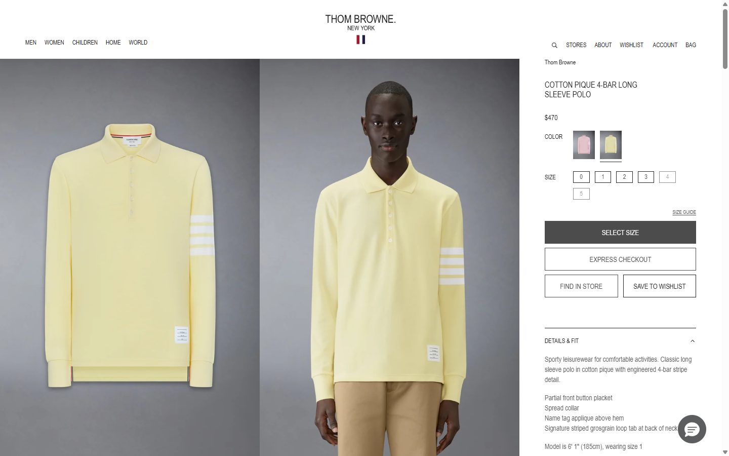 Thom Browne product page on desktop, not disclosed luxury fashion storefront captured at 1440 x 900