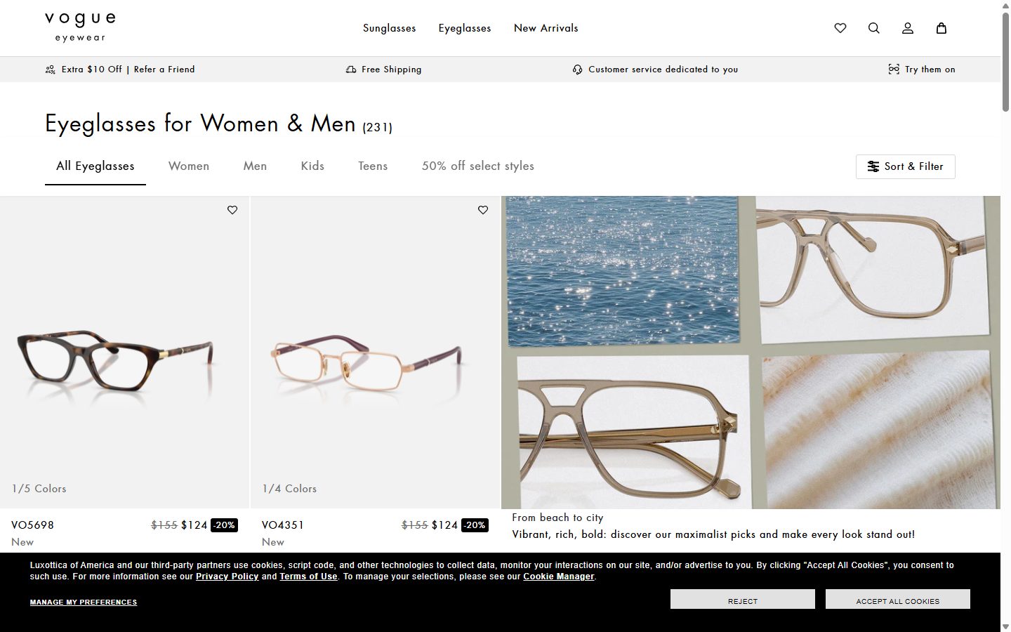 Vogue Eyewear collection: eyeglasses for women & men on desktop, Shopify luxury eyewear storefront captured at 1440 x 900