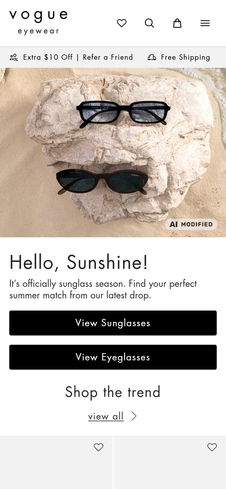 Vogue Eyewear homepage on mobile, Shopify luxury eyewear storefront captured at 390 x 844