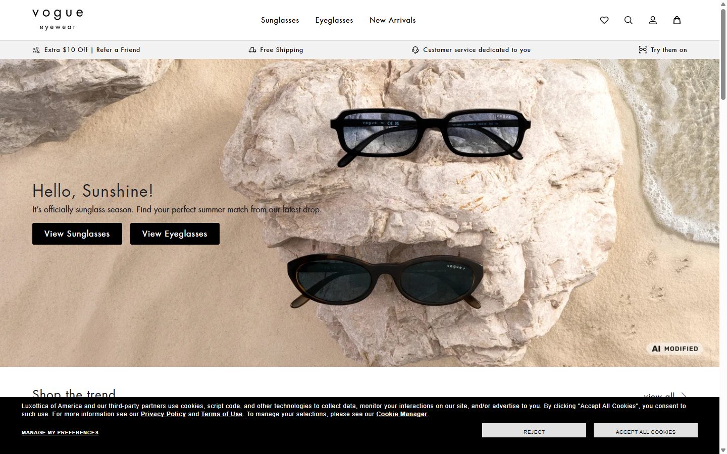 Vogue Eyewear homepage on desktop, Shopify luxury eyewear storefront captured at 1440 x 900