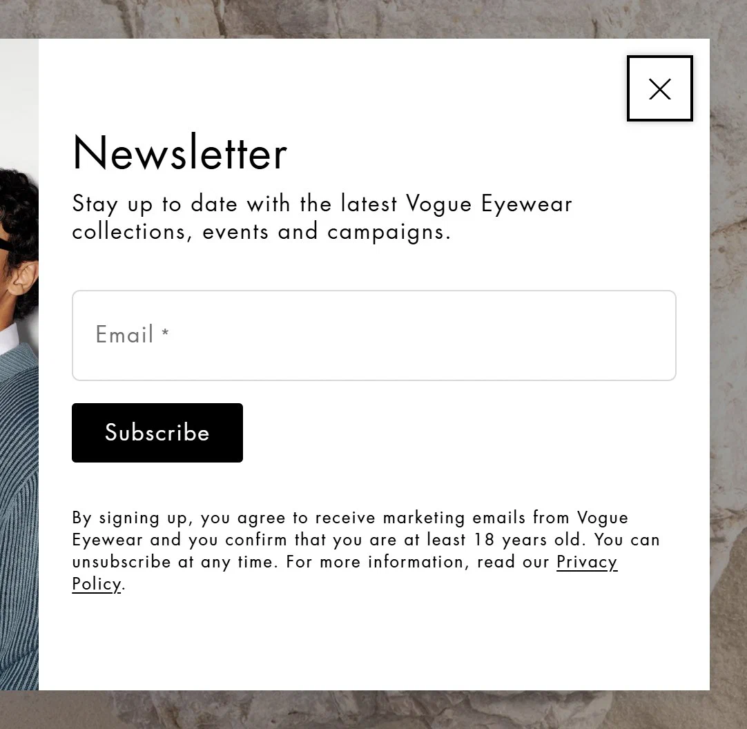 Vogue Eyewear email sign up popup, centred centre