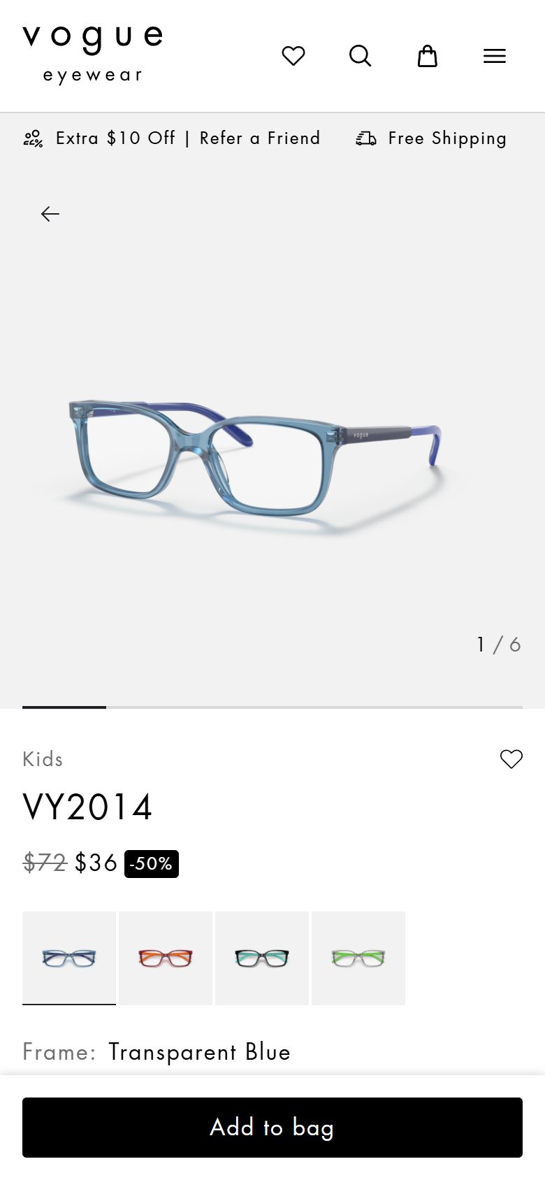 Vogue Eyewear product page on mobile, Shopify luxury eyewear storefront captured at 390 x 844