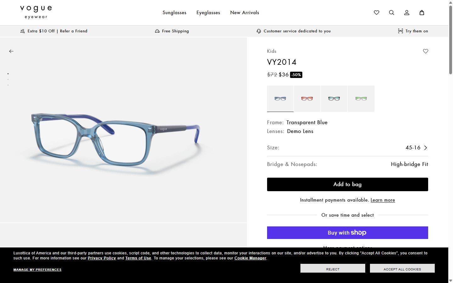 Vogue Eyewear product page on desktop, Shopify luxury eyewear storefront captured at 1440 x 900