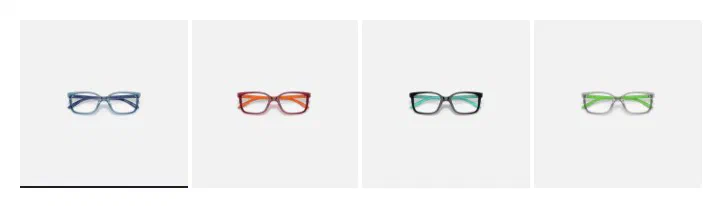 Vogue Eyewear color selector photographed on its product page, 4 wide rectangle swatches