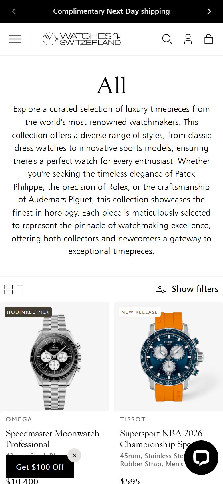 Watches of Switzerland collection: all on mobile, Shopify luxury retail storefront captured at 390 x 844