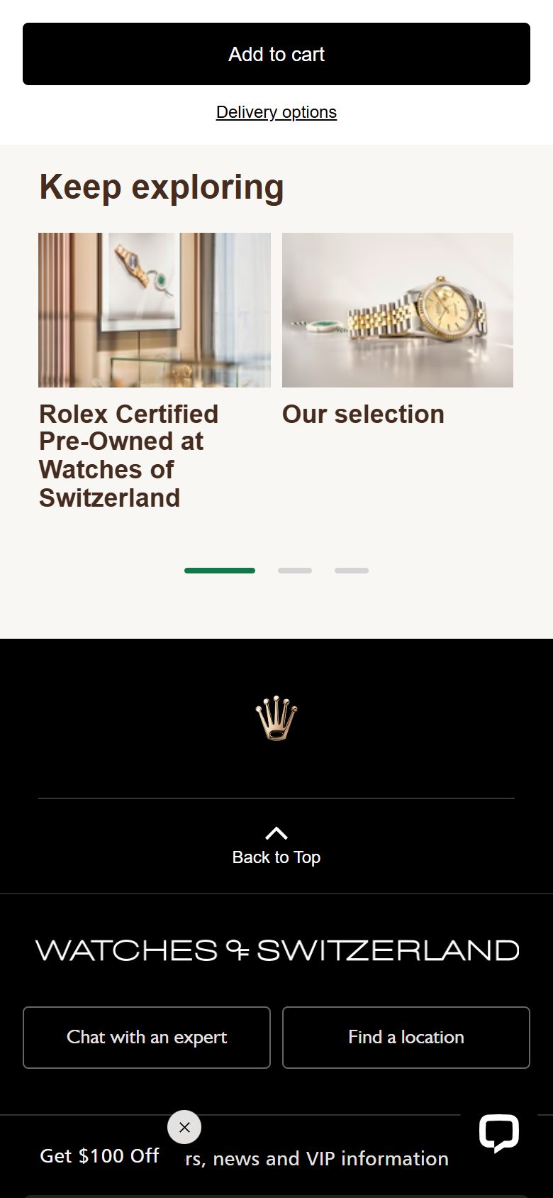 Watches of Switzerland product page on mobile, Shopify luxury retail storefront captured at 390 x 844