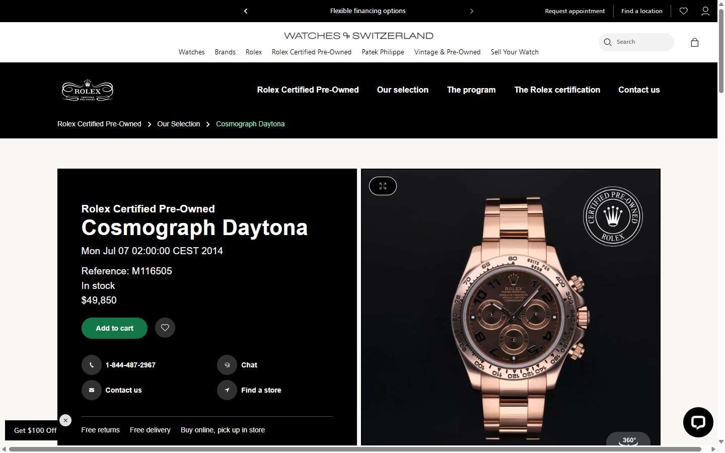 Watches of Switzerland product page on desktop, Shopify luxury retail storefront captured at 1440 x 900